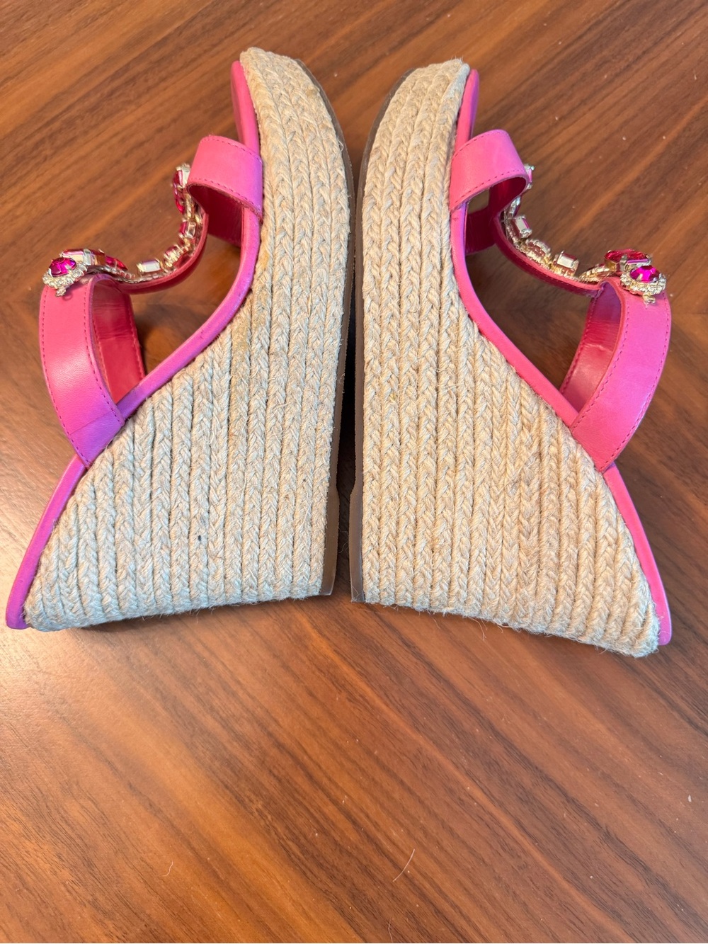 Arezzo Pink Leather Jeweled Espadrille Wedge Sandals Crystal Platform Size 9US - Picture 9 of 13